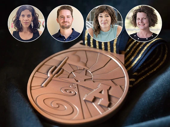Headshots of Nicole Antebi, Alex Braithwaite, Diana Daly, and Amy Kimme Hea overlaid on image of U of A regents professor medallion.