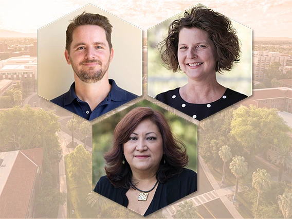 Composite photo of 2025 University of Arizona Distinguished Faculty Award Recipients, including CUES Distinguished Fellows Alex Braithwaite and Jessica Retis, and CUES Advisory Board Member Amy Kimme Hea.
