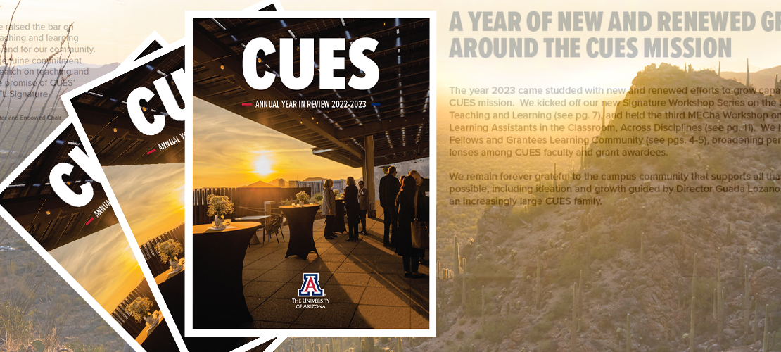 Tucson desert landscape overlaid with CUES Year-in-Review report cover images and text