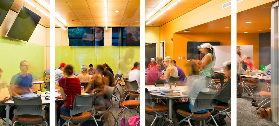 Students and teaching assistants in a collaborative classroom.