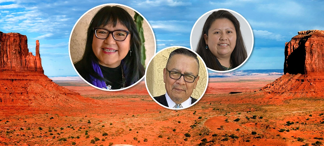 Arizona desert scene overlaid with headshots of Aresta Tsosie Paddock, Kimball Shorty, and Tanya Goh. 