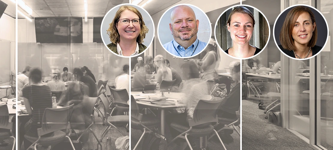 Students and teaching assistants in a collaborative classroom overlaid with headshots of workshop facilitators: Amy Graham, Jim Hunt, Joela Jacobs, Guada Lozano.