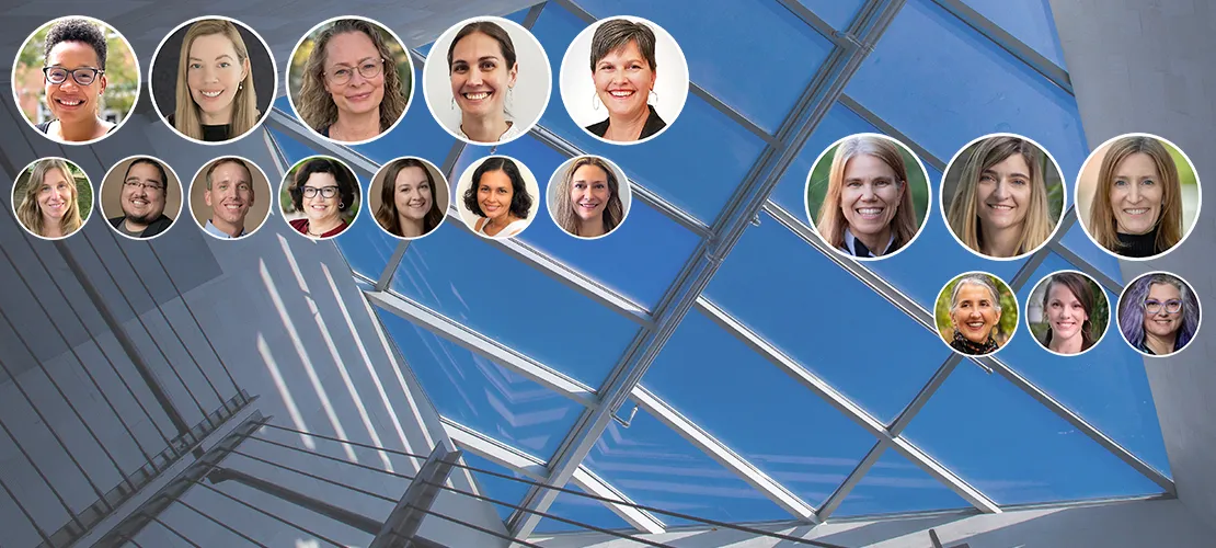 Composite headshots of the two 2024 CUES Spanning Boundaries Awardee Teams overlaid on an image of a diamond-shaped UArizona building skylight window.