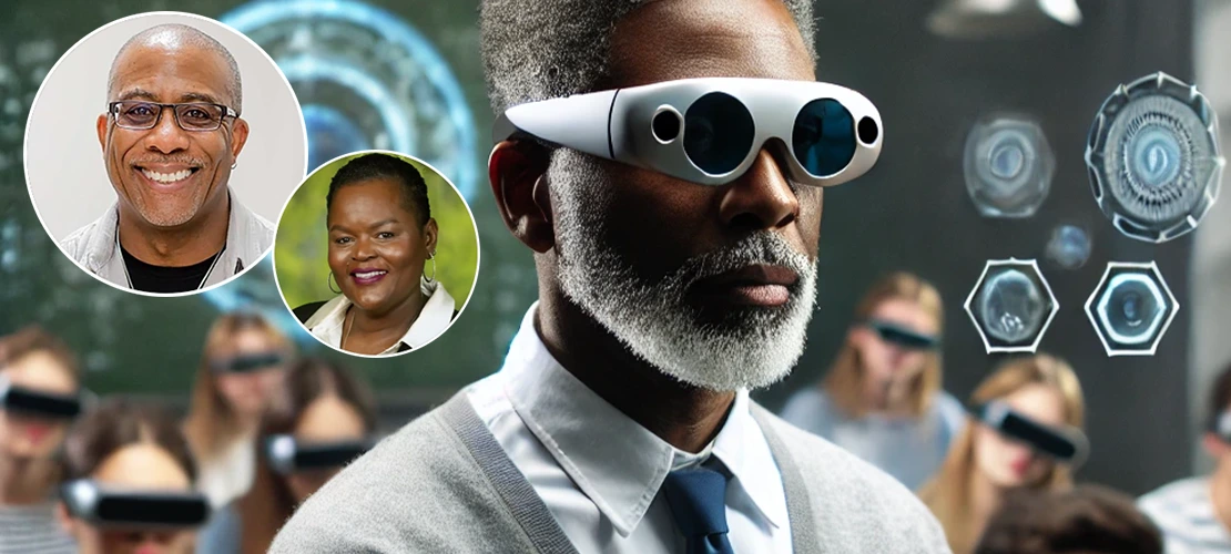 A photorealistic image of an older African-American male professor, with short-cropped gray hair and a shorter beard, wearing XR glasses, standing in front of a classroom of students wearing XR glasses. Image is overlaid with headshots of Bryan Carter and Jacqueline Maximillion.