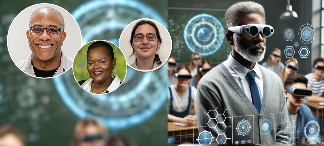 A photorealistic image of an older African-American male professor, with short-cropped gray hair and a shorter beard, wearing XR glasses, standing in front of a classroom of students wearing XR glasses. Image is overlaid with headshots of Bryan Carter, Jacqueline Maximillion, and Daniel Shevelev.