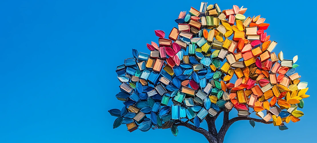 AI-generated image of a tree with multi-colored books as leaves, set against a blue sky background.