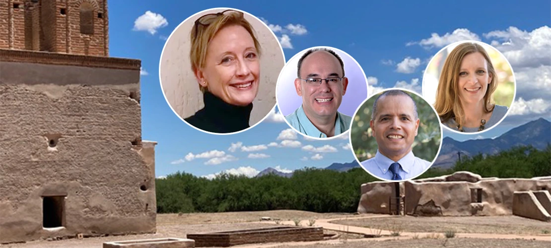 Headshots of Jennifer Jenkins, Michael Brescia, Hsain Ilahiane, and Kathryn Gallien overlaid on a Southwestern desert landscape. 