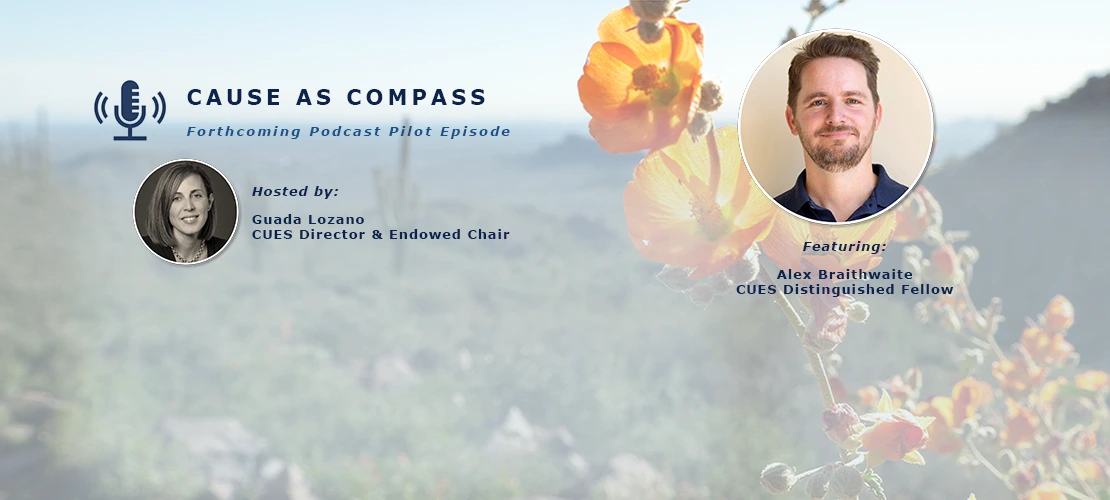 Headshots of Alex Braithwaite and Guada Lozano overlaid on a Sonoran desert background featuring a blooming orange flower in the foreground.