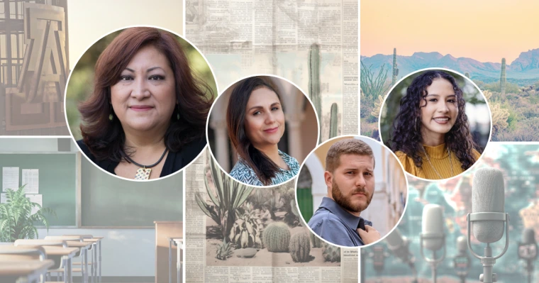 Collage of images: U of A building at sunset, newspaper, Tucson desert landscape, microphones, and an empty classroom. Images overlaid with headshots of: Jessica Retis, Liliana Lopez, Thatcher Warrick, Susan Barnett