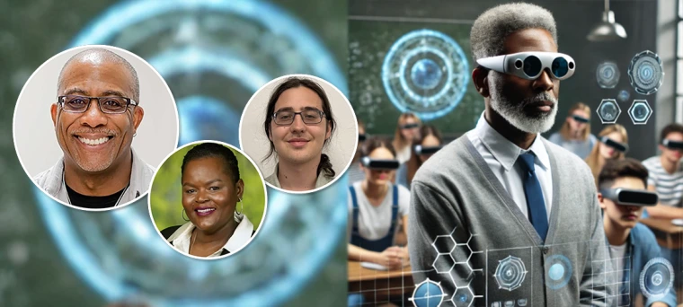 A photorealistic image of an older African-American male professor, with short-cropped gray hair and a shorter beard, wearing XR glasses, standing in front of a classroom of students wearing XR glasses. Image is overlaid with headshots of Bryan Carter, Jacqueline Maximillion, and Daniel Shevelev.