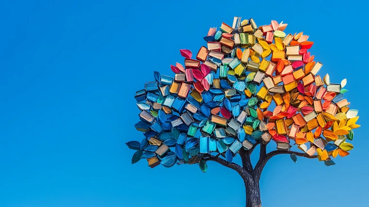 AI-generated image of a tree with multi-colored leaves made out of books, set against a blue sky background.