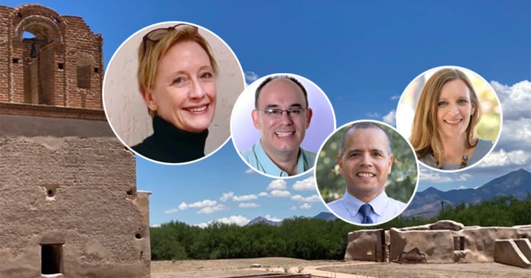 Headshots of Jennifer Jenkins, Michael Brescia, Hsain Ilahiane, and Kathryn Gallien overlaid on a Southwestern desert landscape. 