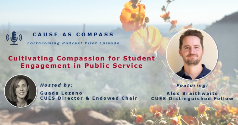 Headshots of Alex Braithwaite and Guada Lozano overlaid on a Sonoran desert background featuring a blooming orange flower in the foreground.