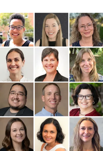 Composite headshots of 2024 CUES Spanning Boundaries Team members: Corin Gray, Arin Haverland, Emily Dykstra, Susan Hester, Sarah Grace, Elizabeth Eadie, John Kanady, Daniel McNabney, Lisa Rezende, Allyson Roof, Alma Tejeda Padron, Laura Van Dorn