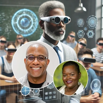 A photorealistic image of an older African-American male professor, with short-cropped gray hair and a shorter beard, wearing XR glasses, standing in front of a classroom of students wearing XR glasses. Image is overlaid with headshots of Bryan Carter and Jacqueline Maximillion.