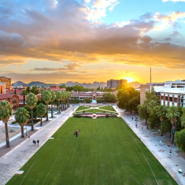 U of A mall at sunset aerial view